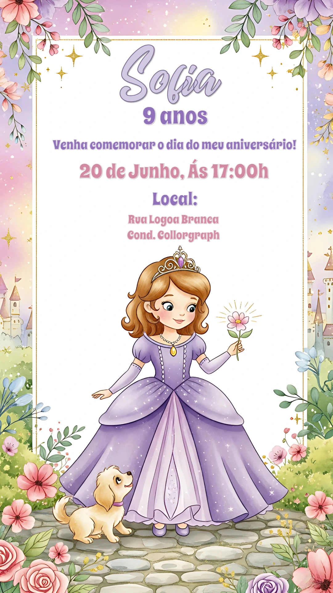 Convite de Aniversário Princesinha Lilás para Editar Online