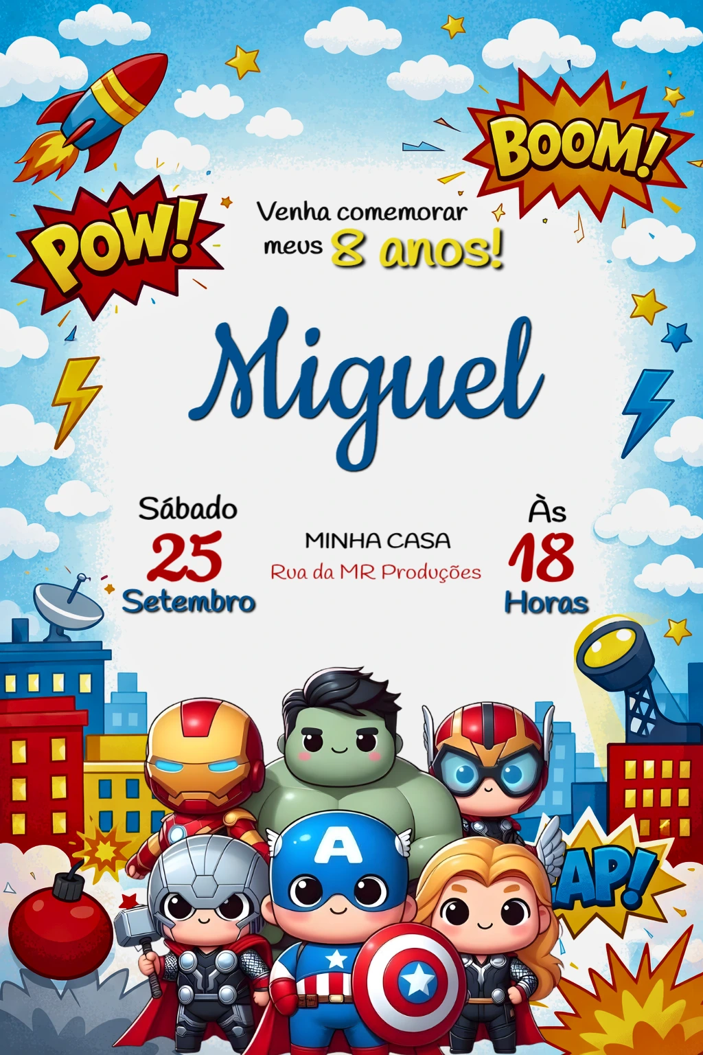 Convite de Aniversário Super-Heróis Fofos para Editar Online