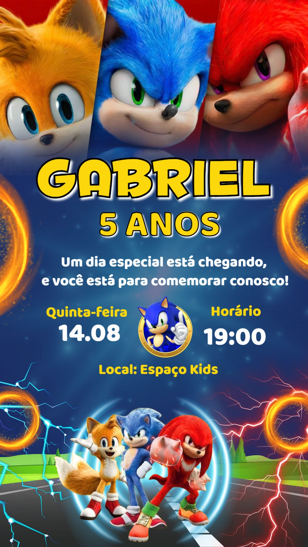 Convite de Aniversário Sonic com Personagens para Editar Online