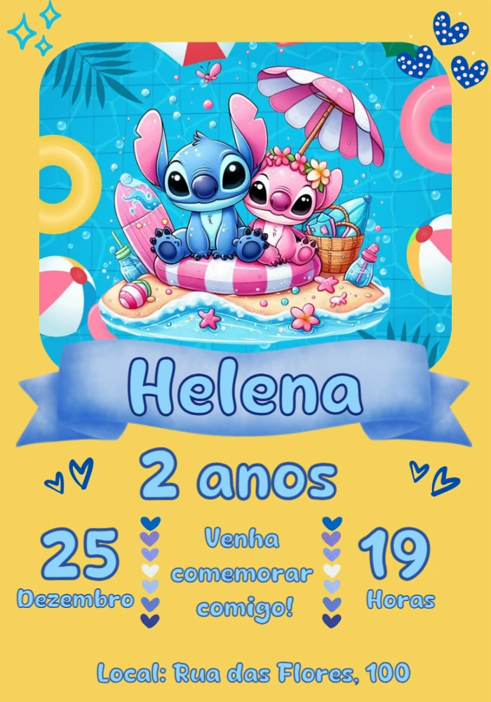 Convite Aniversário Stitch e Angel Verão para Editar Online