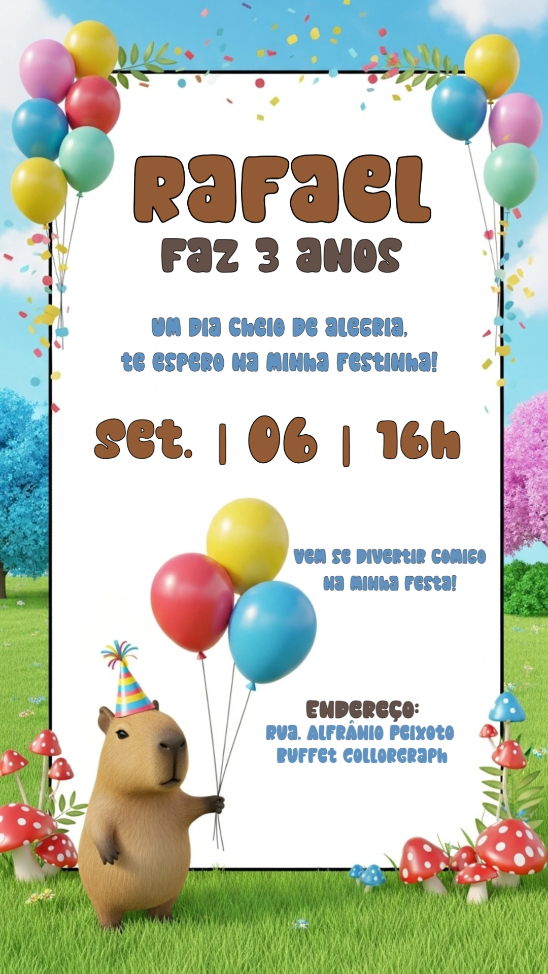 Convite de Aniversário Capivara Fofa para Editar Online