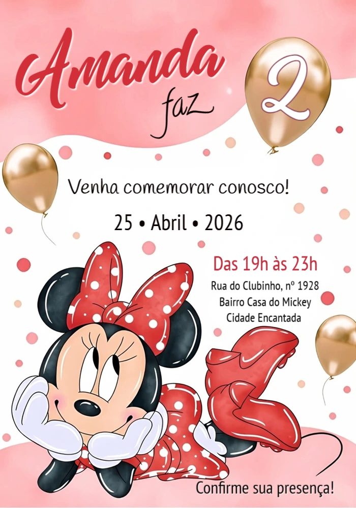 Convite de Aniversário Minnie Rosa e Dourado Editável