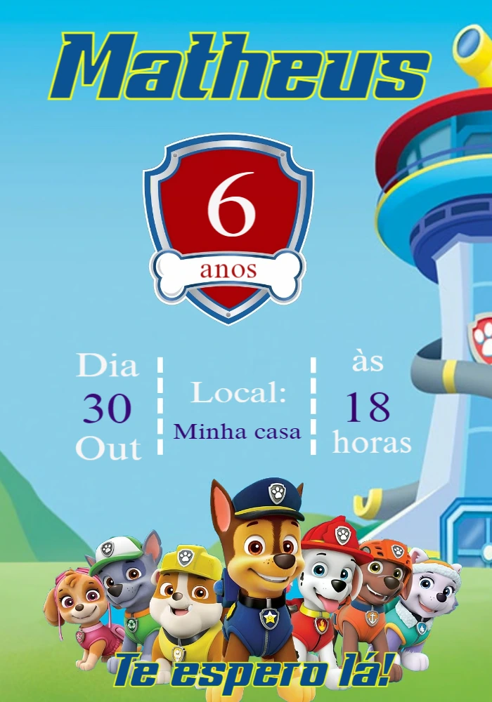 Convite Aniversário Patrulha Canina com Personagens para Editar