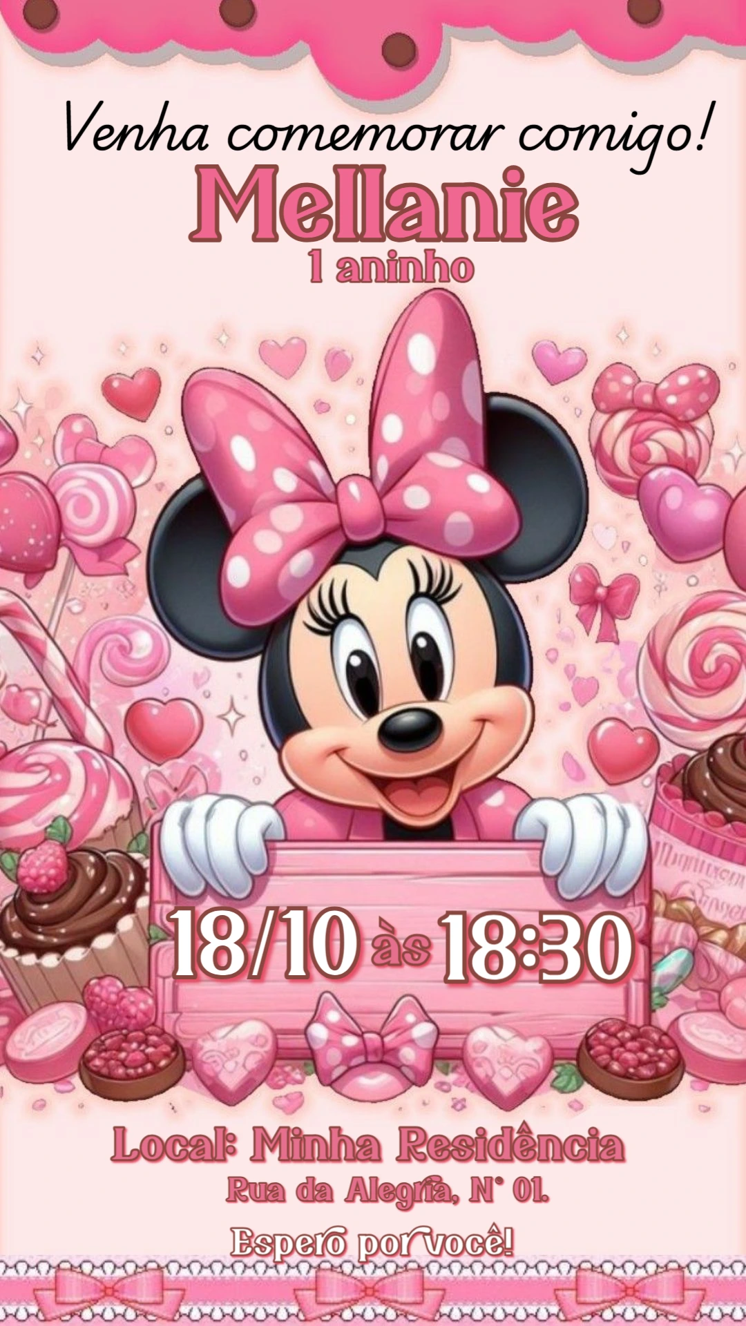Convite de Aniversário Minnie Rosa Editável Online