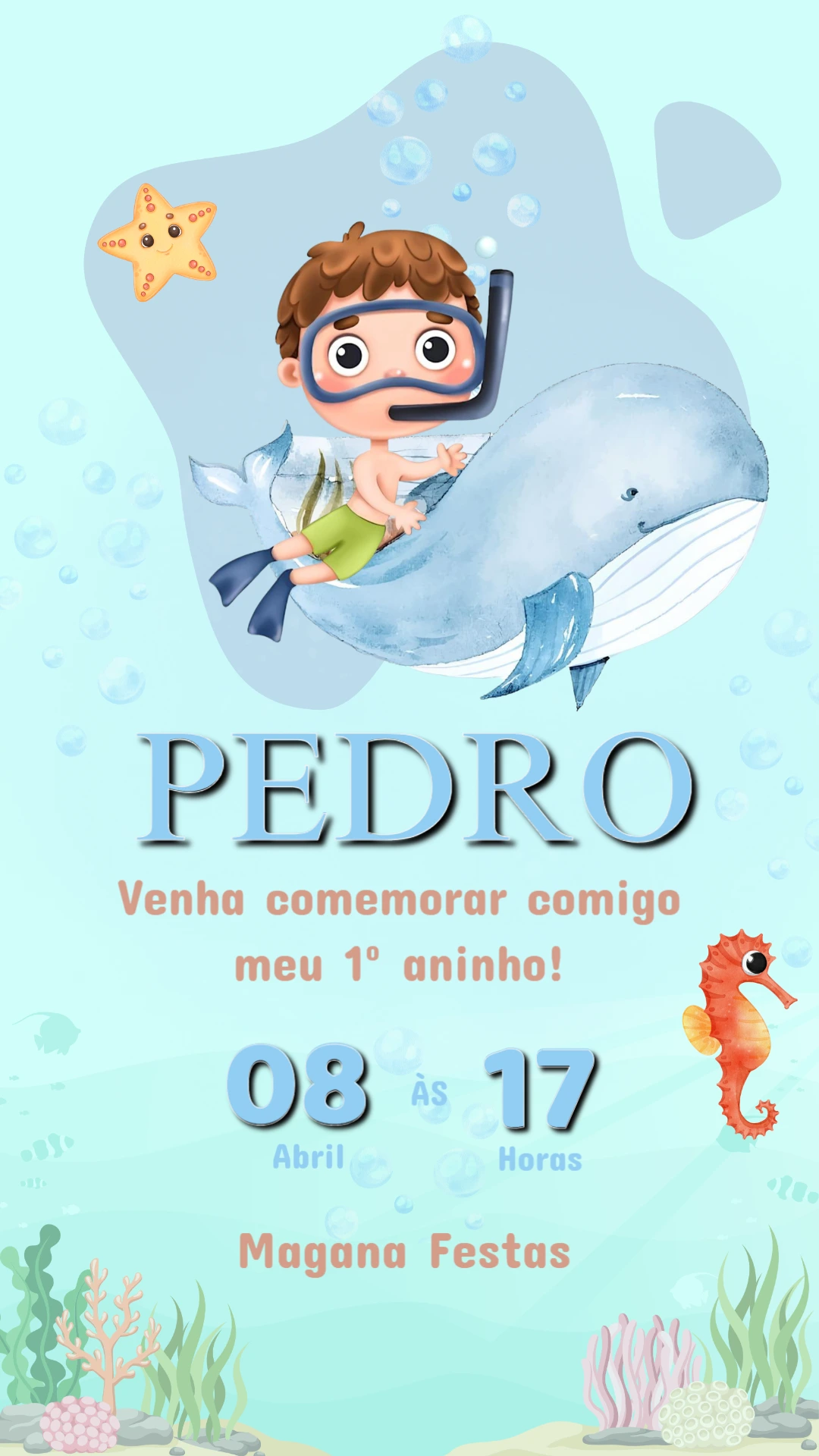 Convite Aniversário Fundo do Mar com Baleia para Editar Online