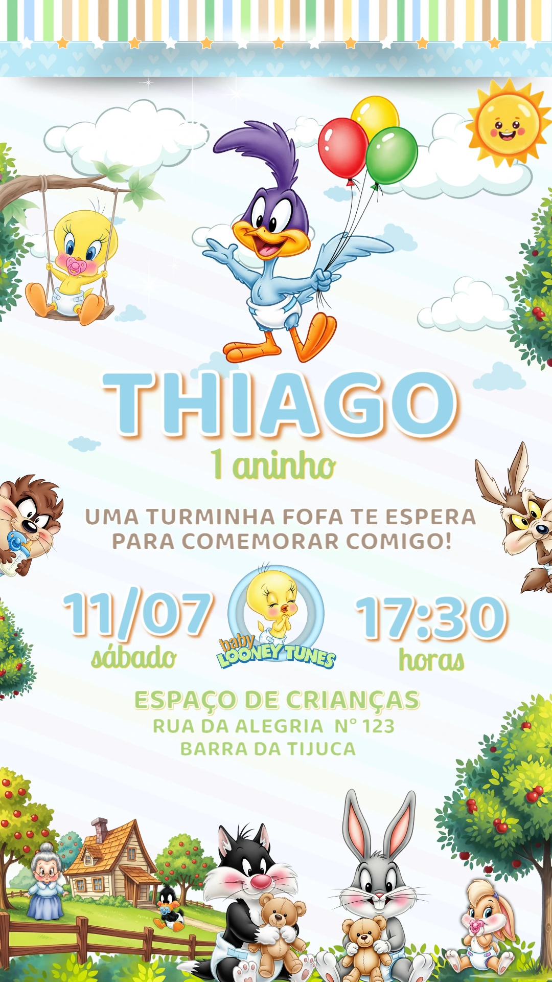 Convite Aniversário Baby Looney Tunes para Editar Online