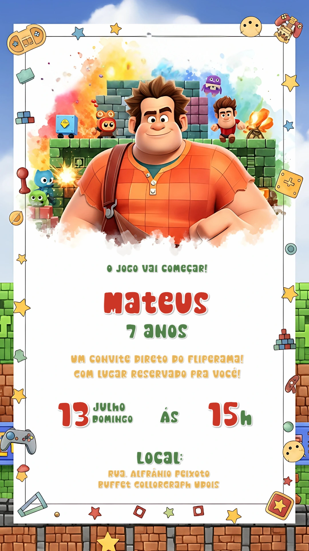 Convite de Aniversário Detona Ralph para Editar Online