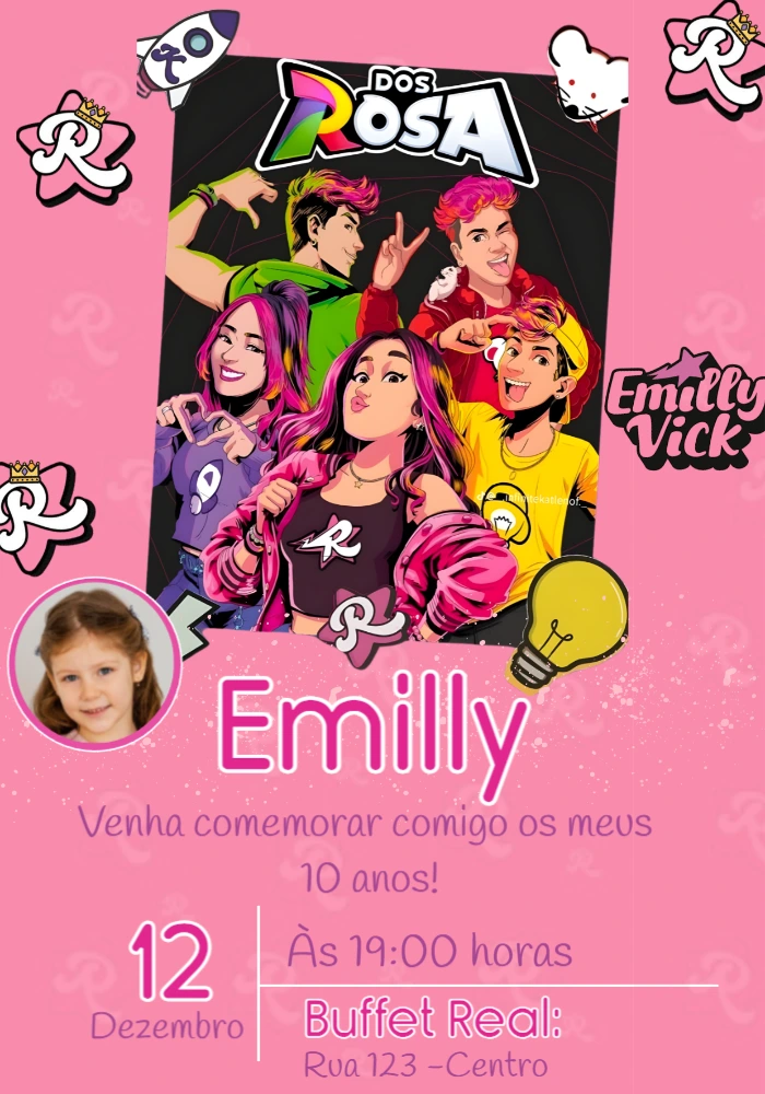 Convite de Aniversário Dos Rosa e Emilly Vick Rosa com Foto