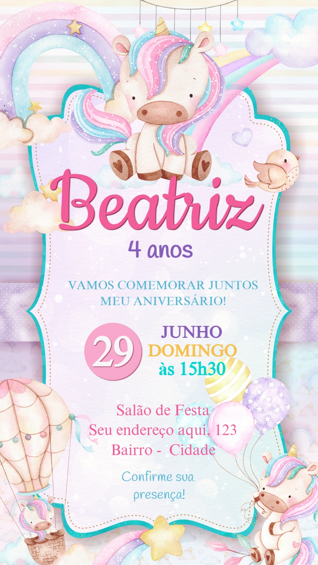 Convite Aniversário Unicórnio Aquarela para Editar Online