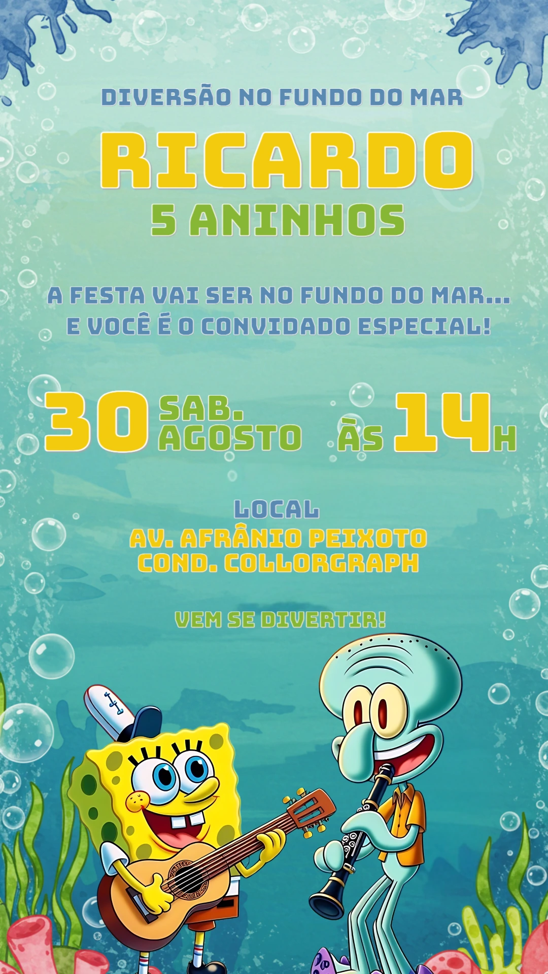 Convite de Aniversário Bob Esponja para Editar Online