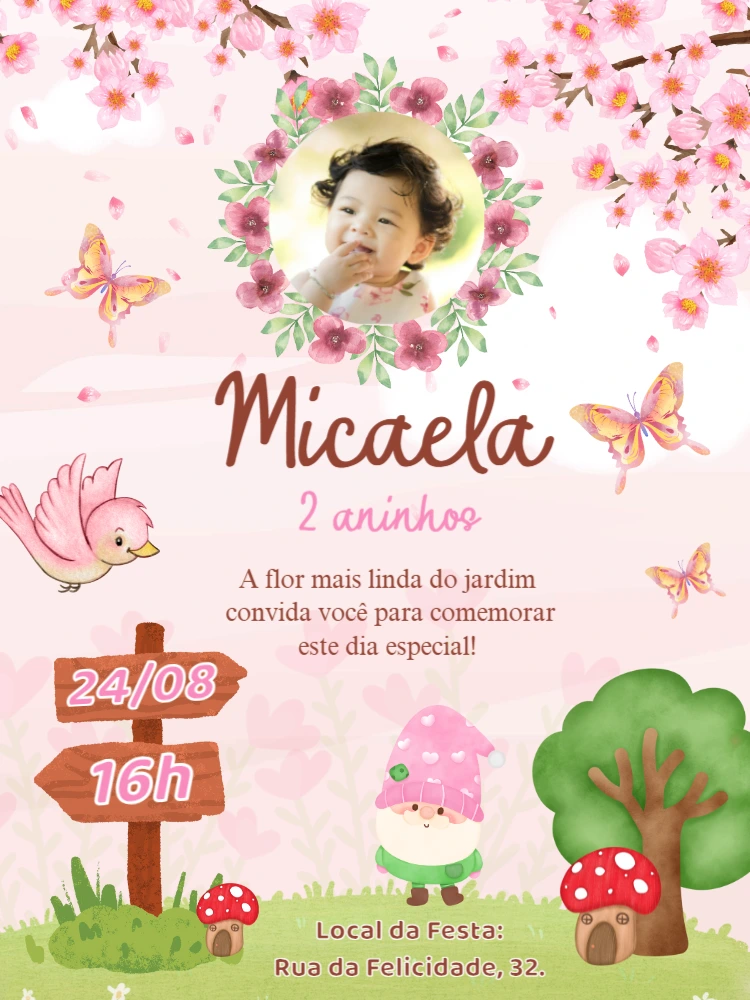 Convite Aniversário Jardim Encantado com Foto para Editar