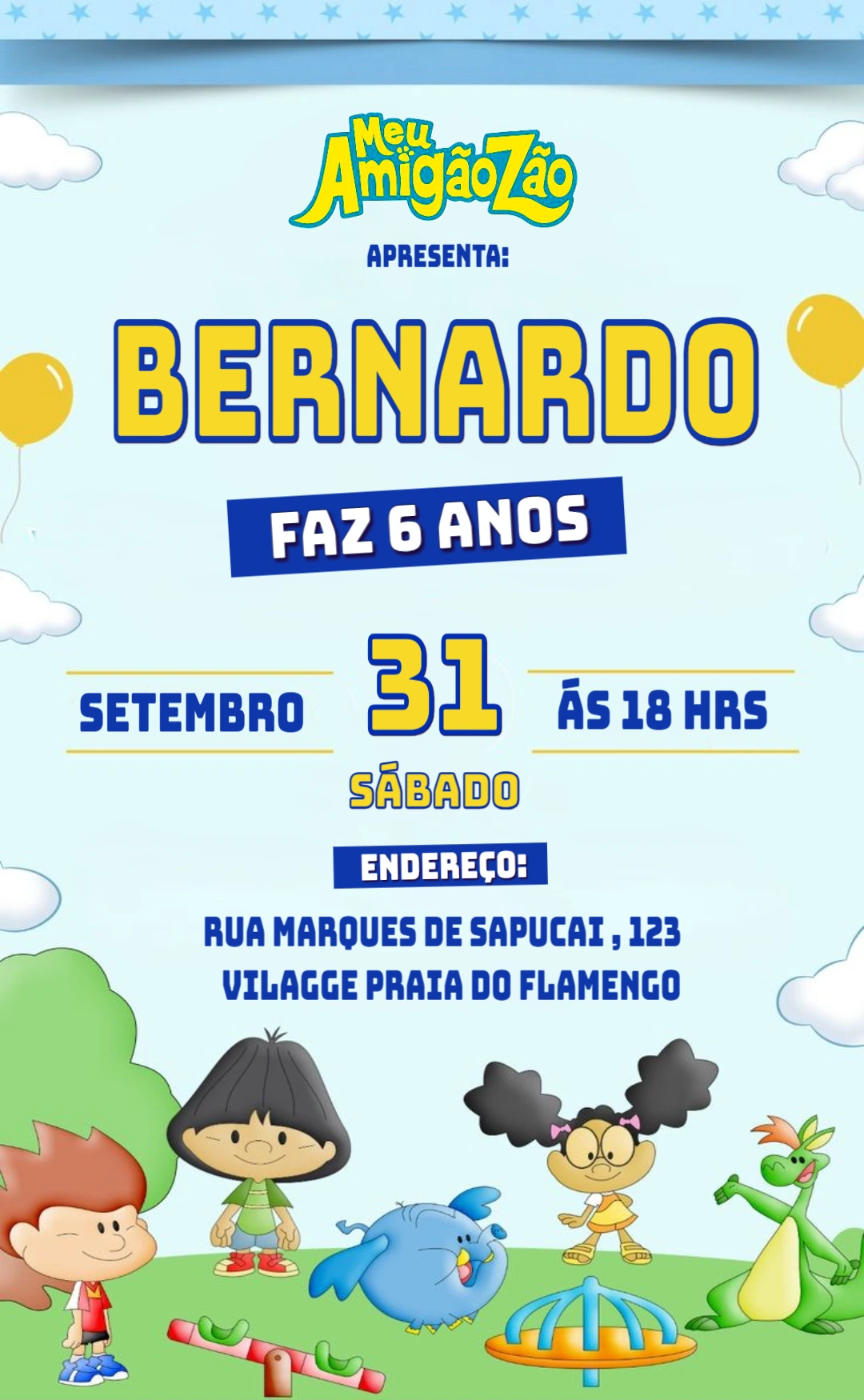 Convite Aniversário Meu Amigãozão com Personagens para Editar