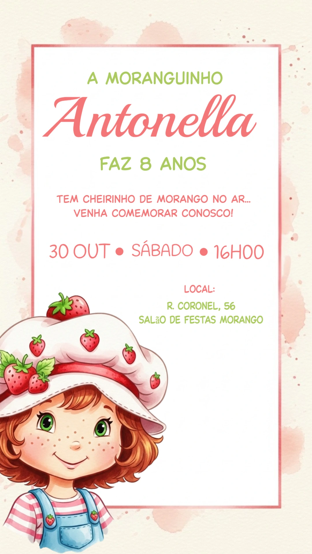 Convite de Aniversário Moranguinho para Editar Online