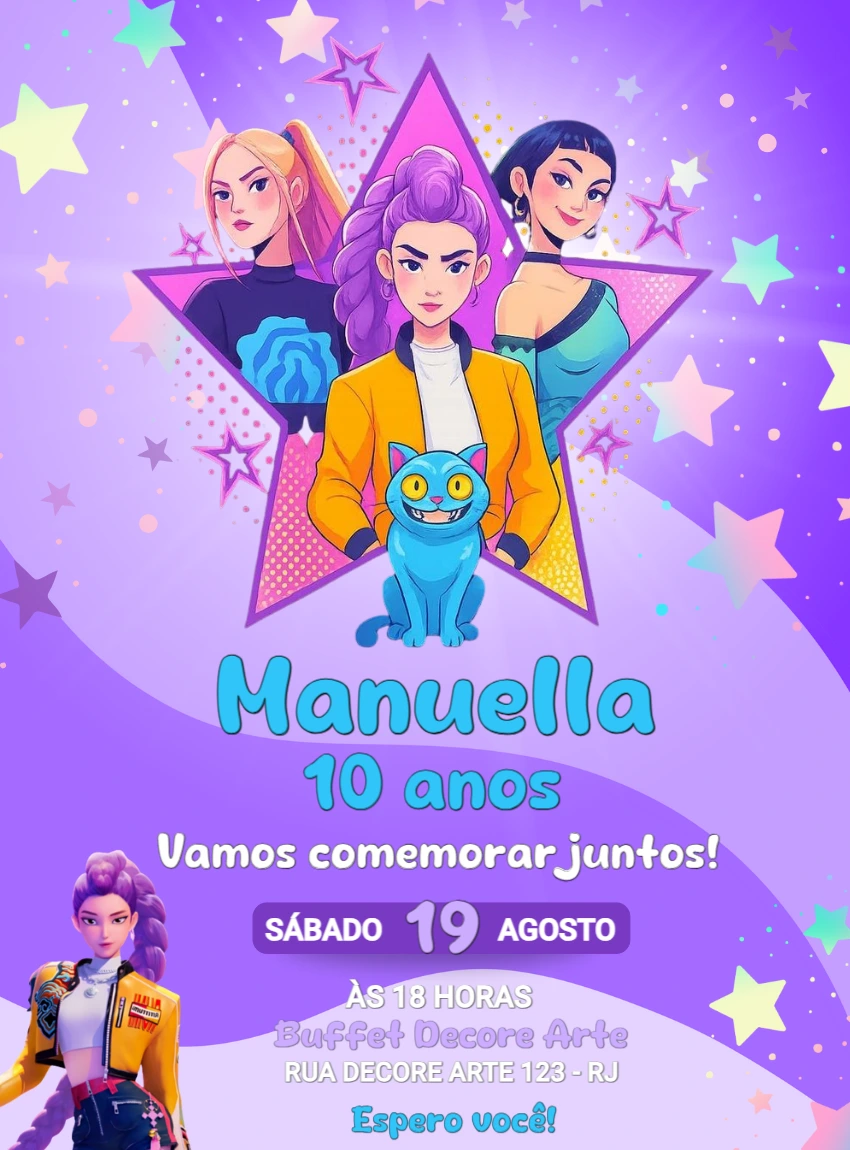 Convite Aniversário Guerreiras do K-pop para Editar Online