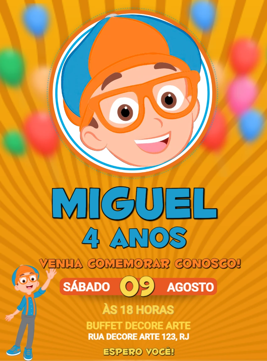 Convite de Aniversário Blippi para Editar Online e Imprimir