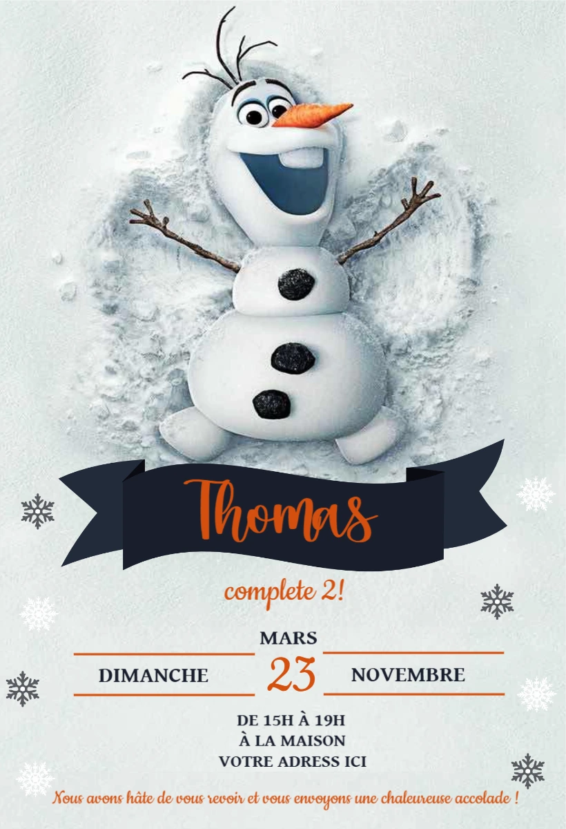Invitation Anniversaire La Reine des Neiges Olaf Frozen éditable