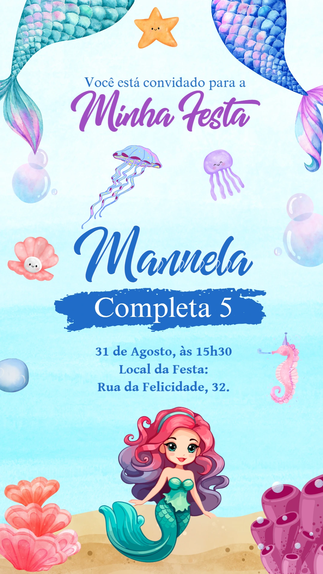 Convite de Aniversário Sereia Editável para Imprimir