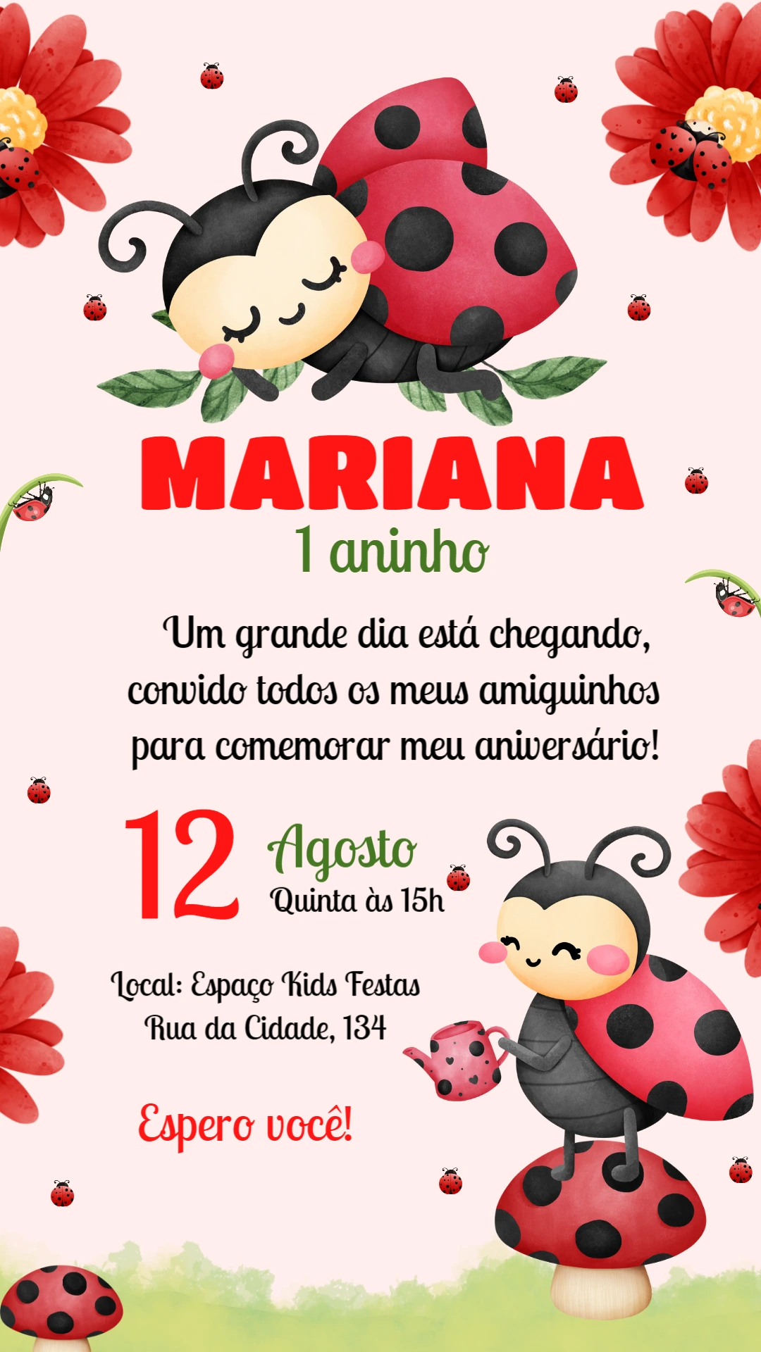 Convite de Aniversário Joaninha para Editar Online