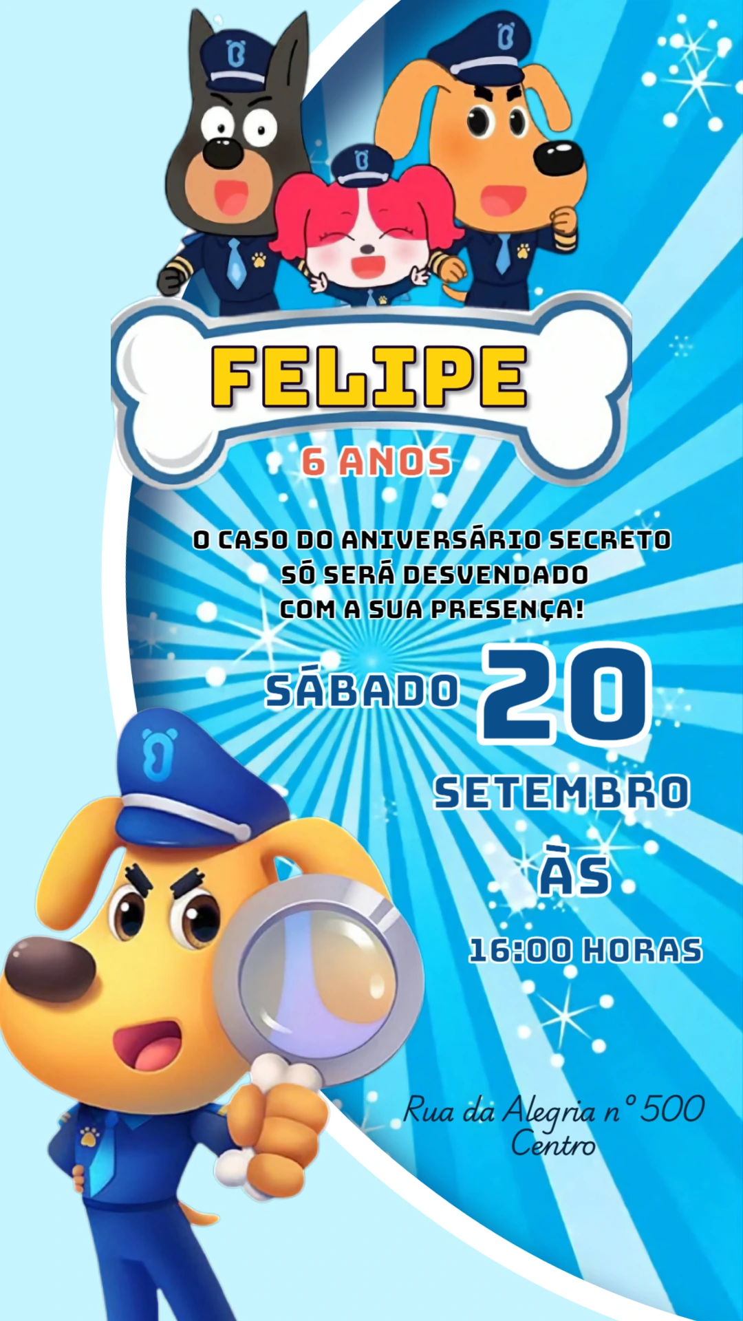 Convite Digital Aniversário Cãezinhos Detetives Editável