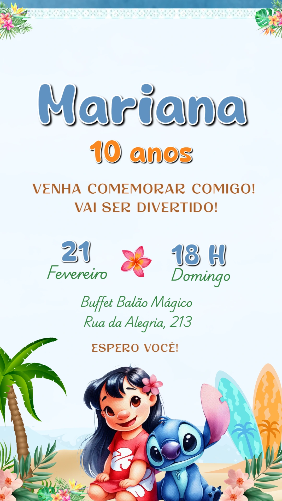 Convite Aniversário Lilo e Stitch Tropical para Editar Online