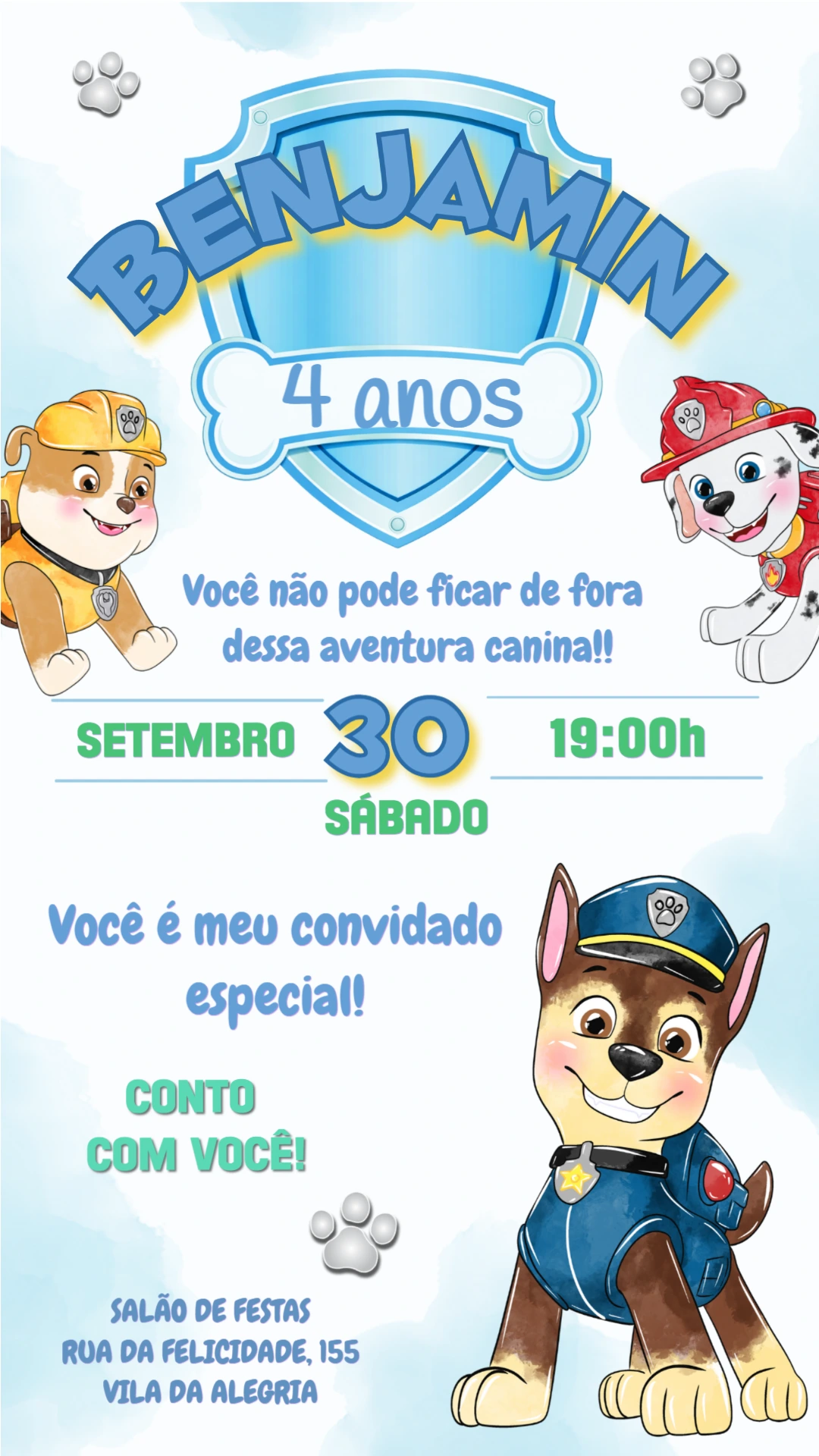Convite de Aniversário Patrulha Canina Azul Modelo Editável