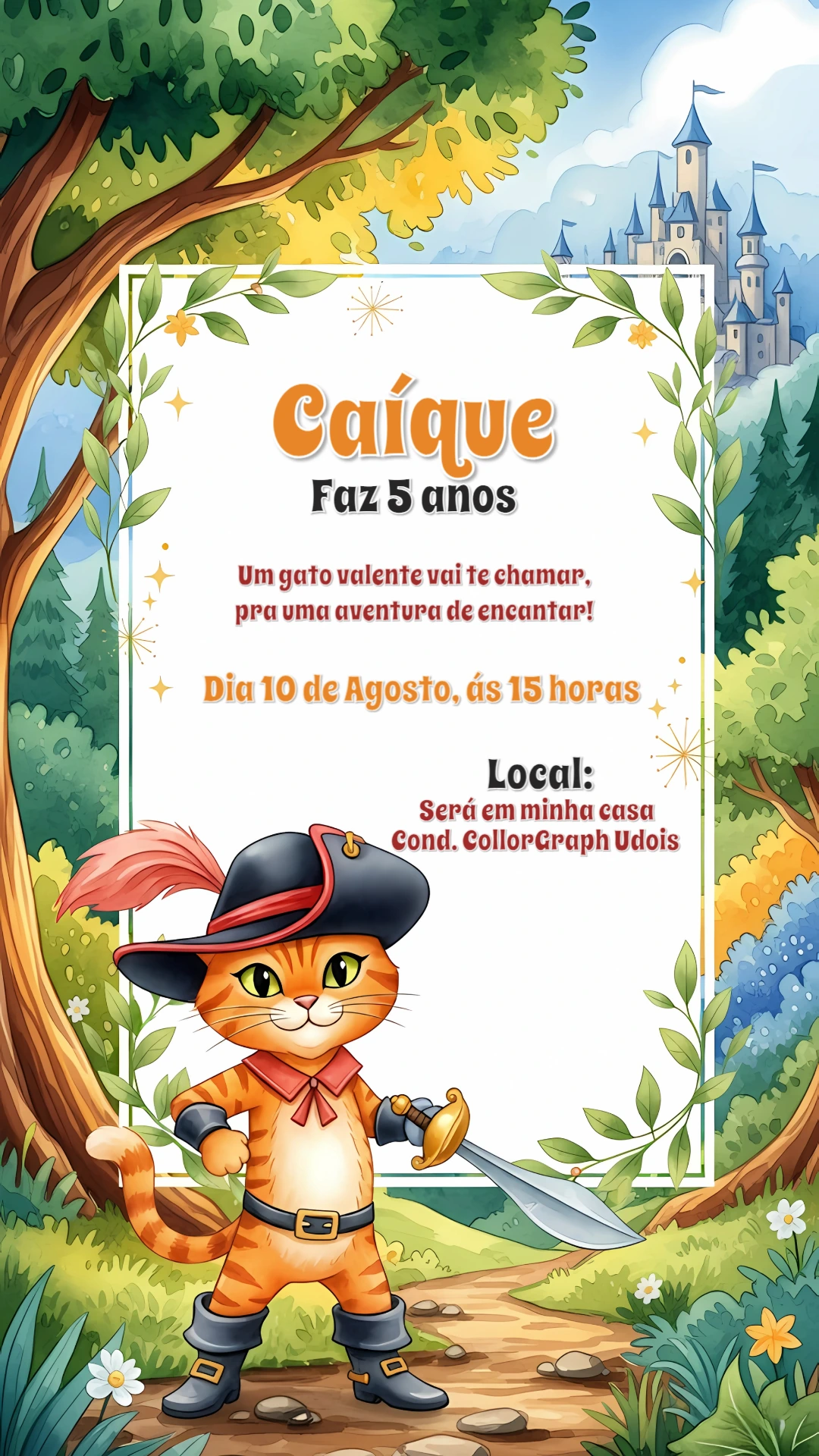 Convite Aniversário Gato de Botas para Editar Online