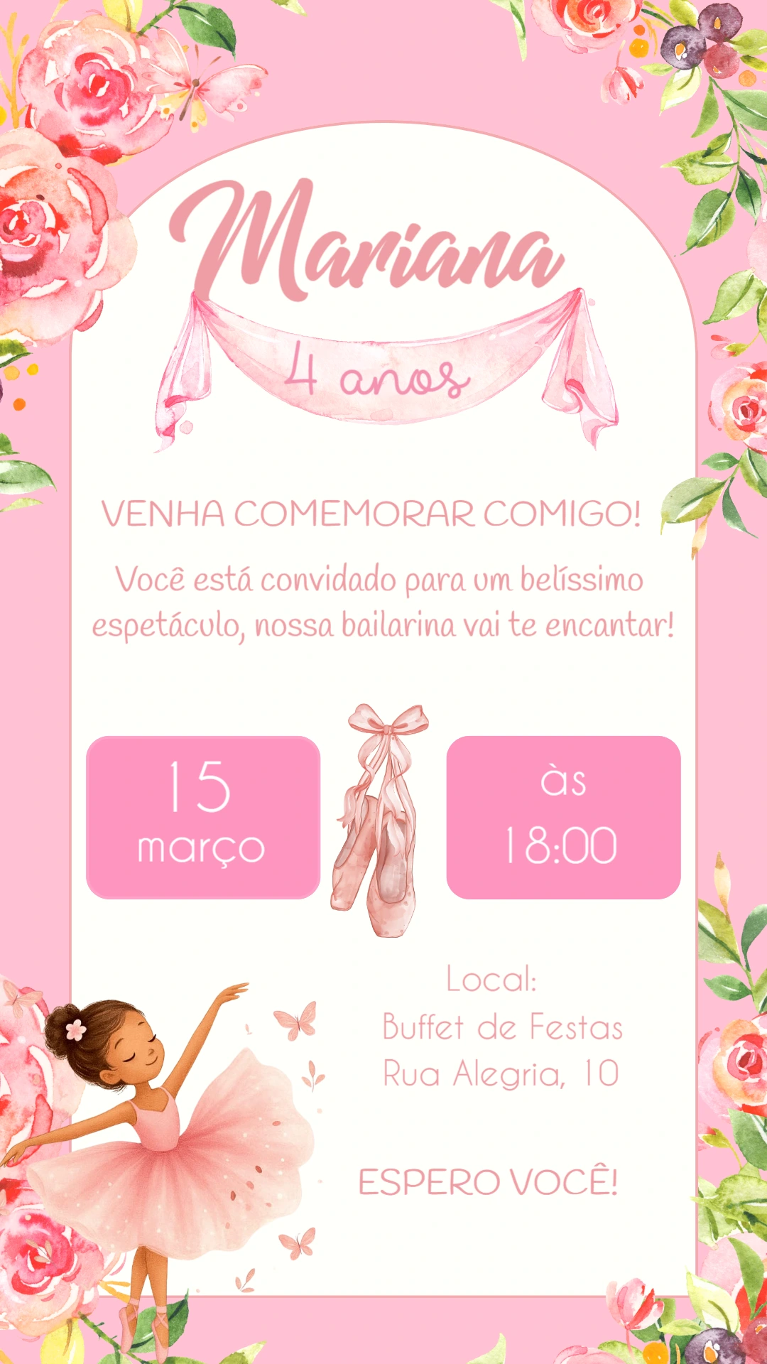 Convite Aniversário Bailarina Rosa para Editar Online
