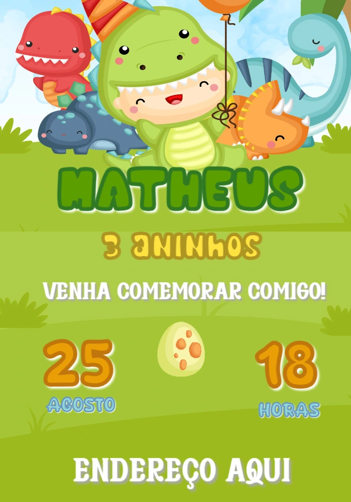 Convite Aniversário Dinossauro Baby Fofo para Editar Online