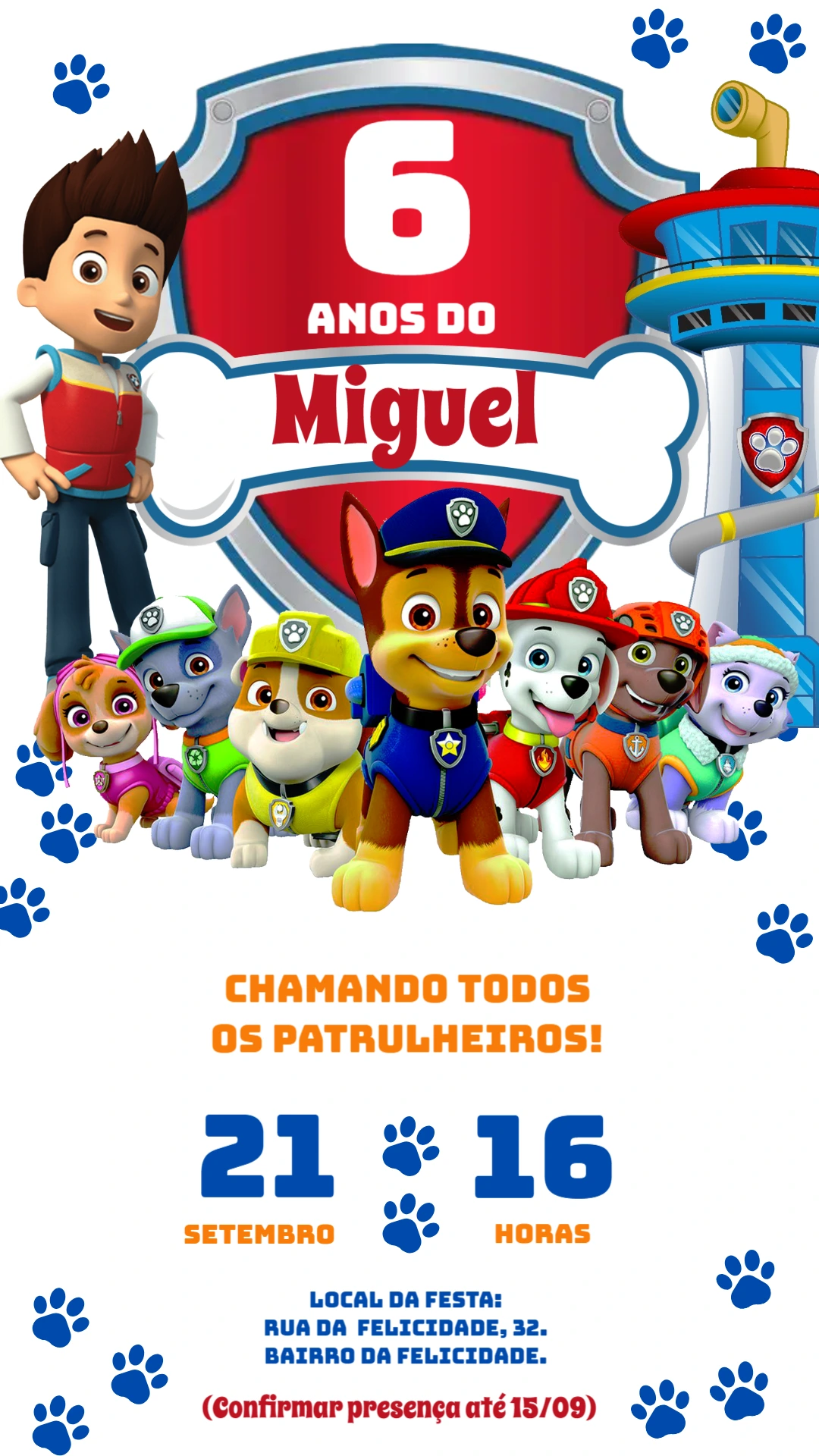 Convite de Aniversário Patrulha Canina para Editar Online
