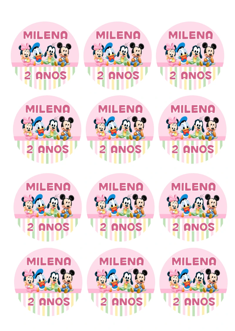 Adesivo Redondo Turma do Mickey Baby para Editar e Imprimir