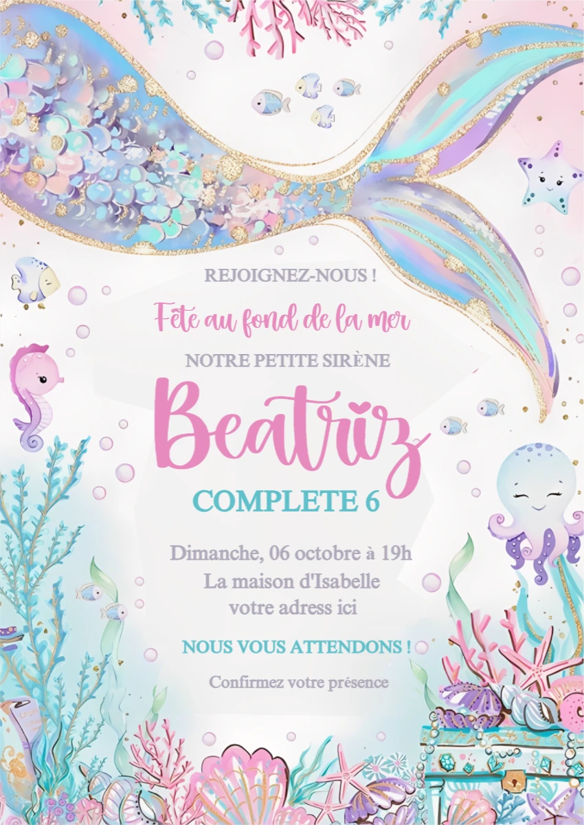 Invitation Anniversaire Thème Sirène Pailletée | Modèle à éditer