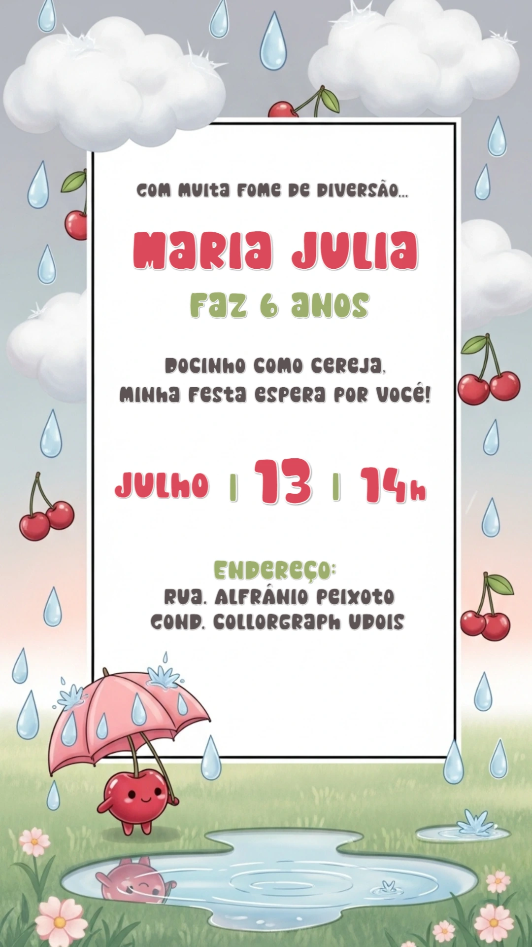 Convite de Aniversário Tema Cereja para Editar e Imprimir