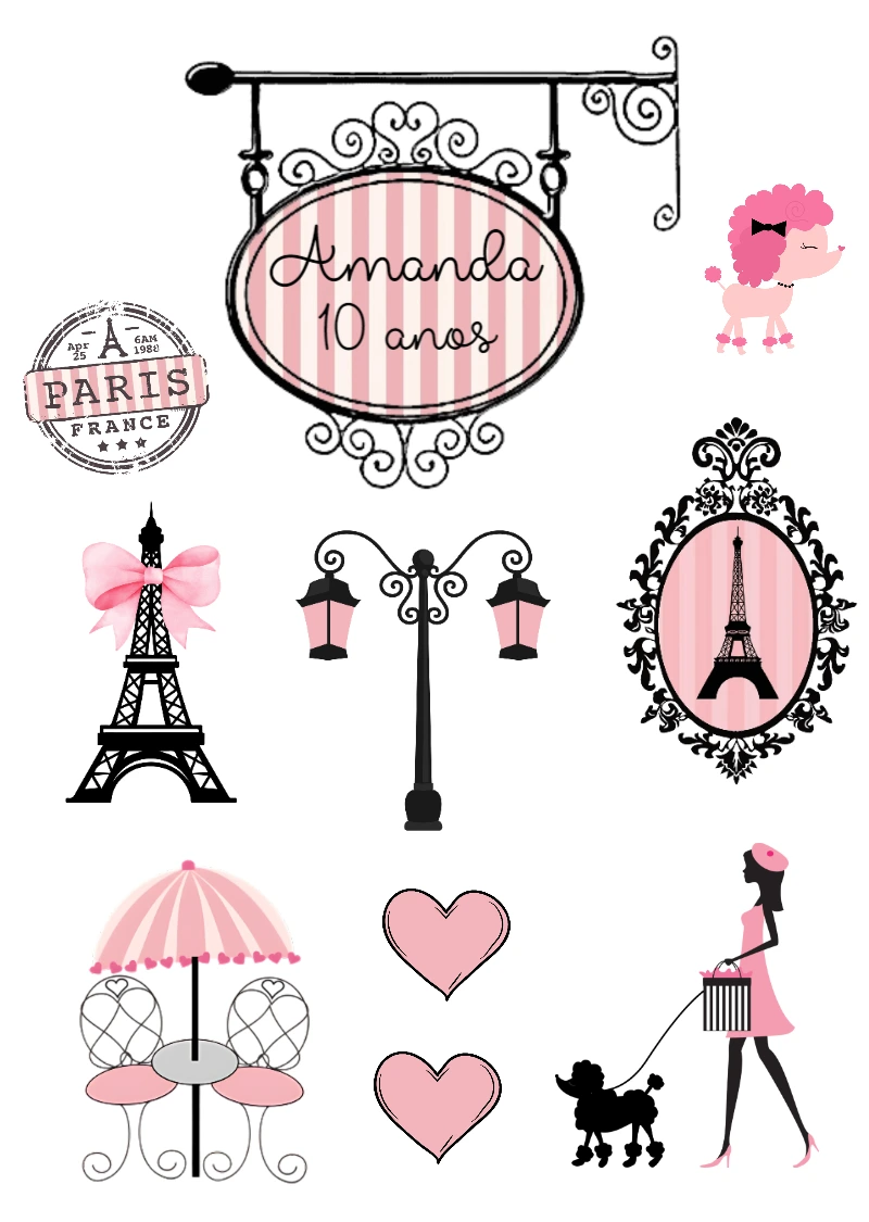 Topo de Bolo Festa Paris com Elementos para Editar Online