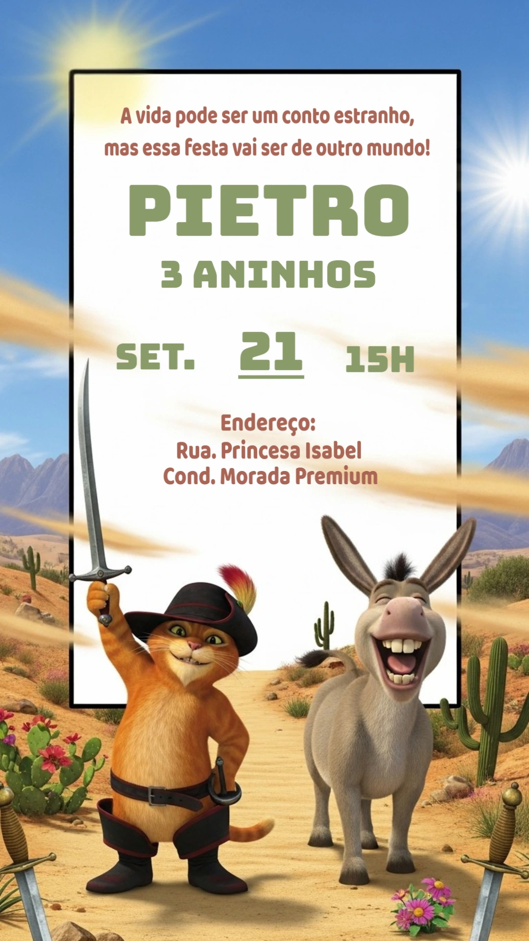 Convite Aniversário Shrek com Gato de Botas para Editar