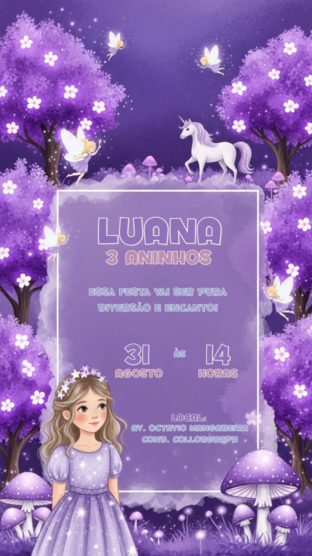 Convite Jardim Encantado com Fada e Unicórnio para Editar