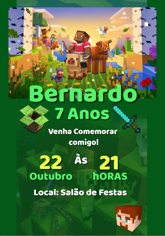 Convite de Aniversário Minecraft com Personagens para Editar Online