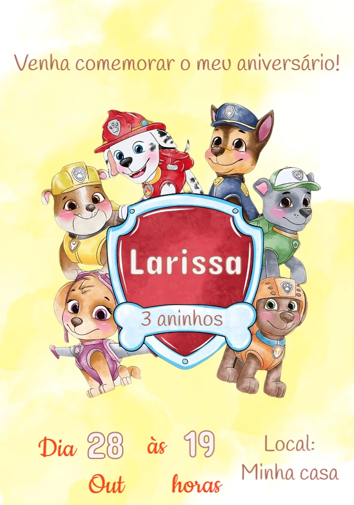 Convite Aniversário Patrulha Canina com Personagens para Editar