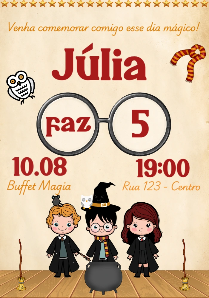 Convite Aniversário Harry Potter com Personagens para Editar