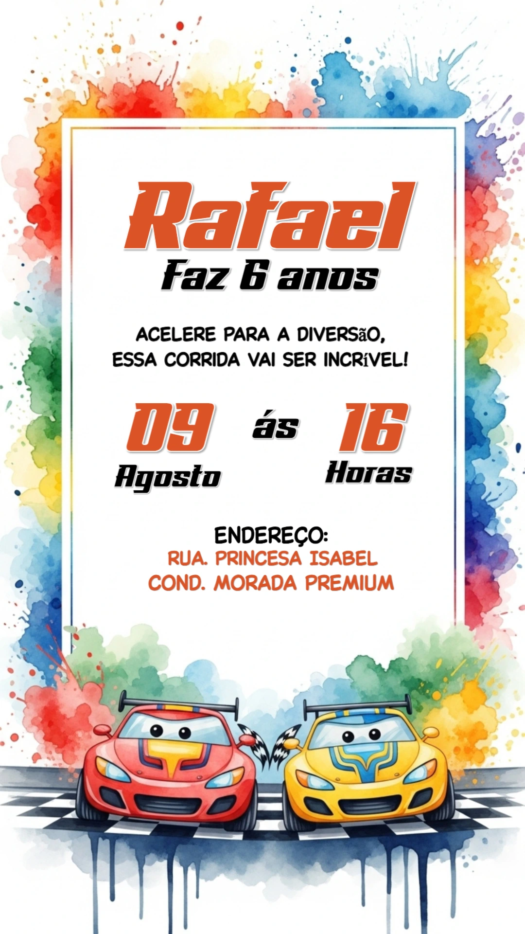 Convite de Aniversário Carros de Corrida para Editar Online