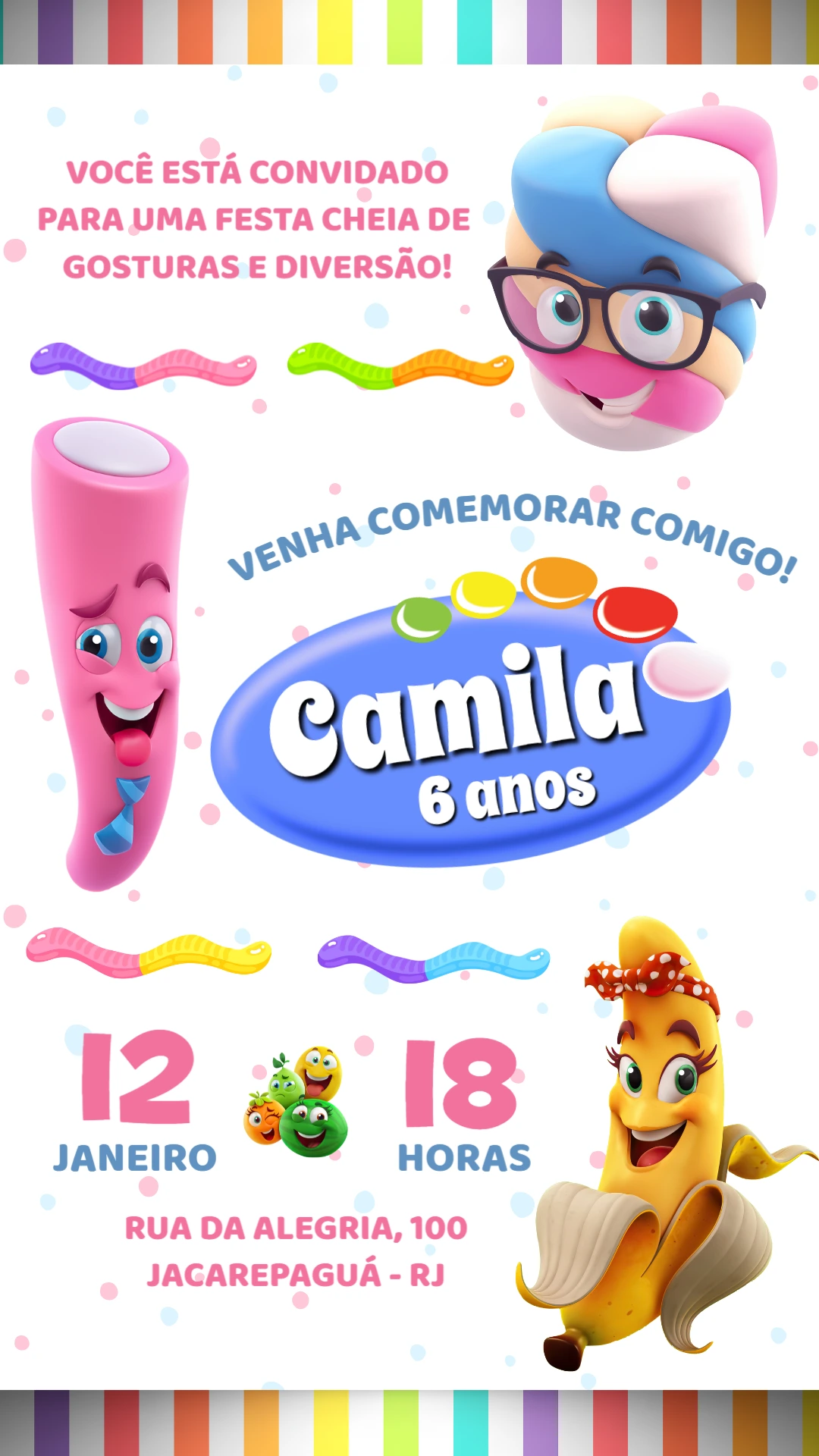 Convite Aniversário Fini com Doces para Editar Online