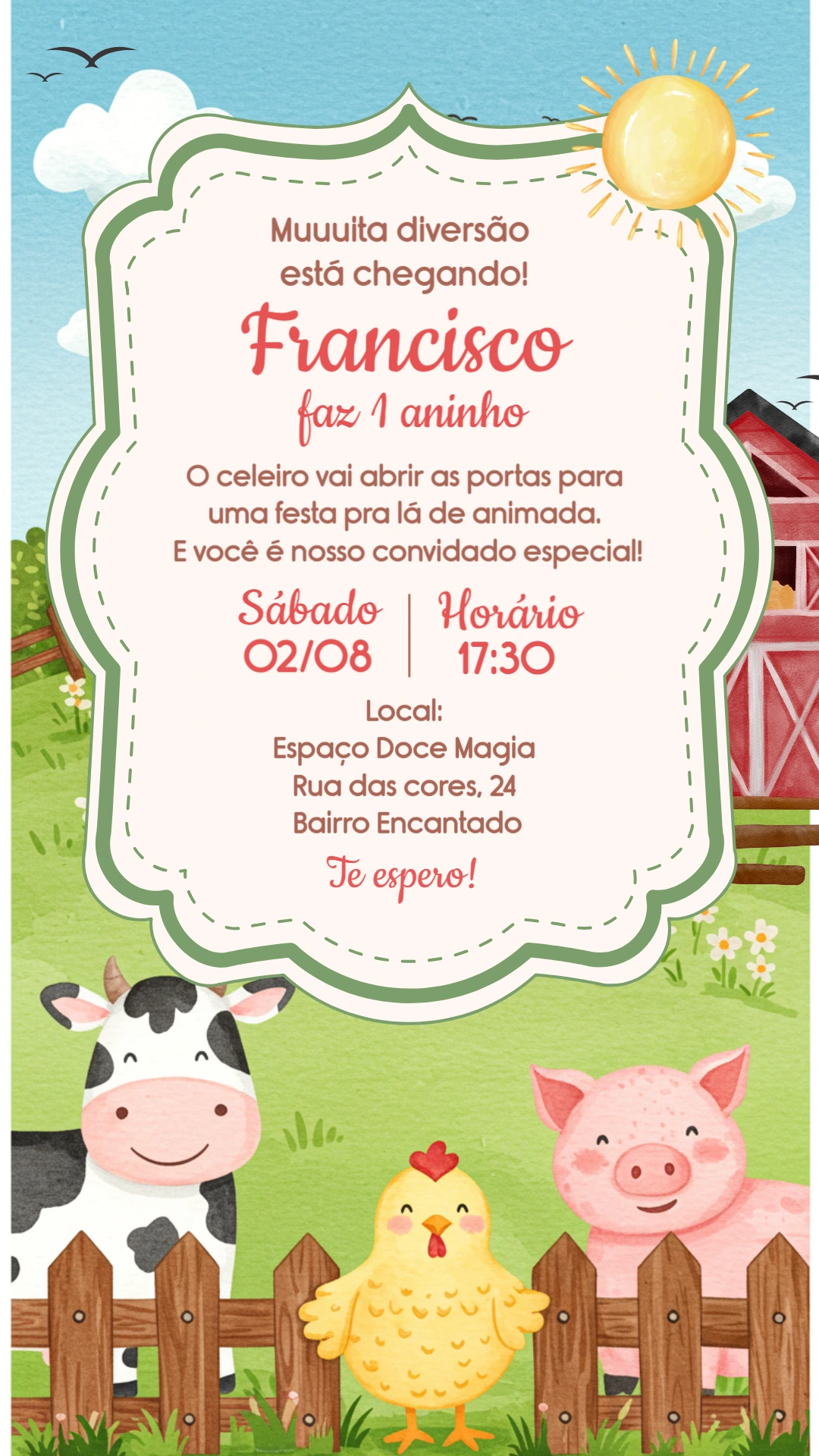 Convite Aniversário Fazendinha com Animais para Editar Online