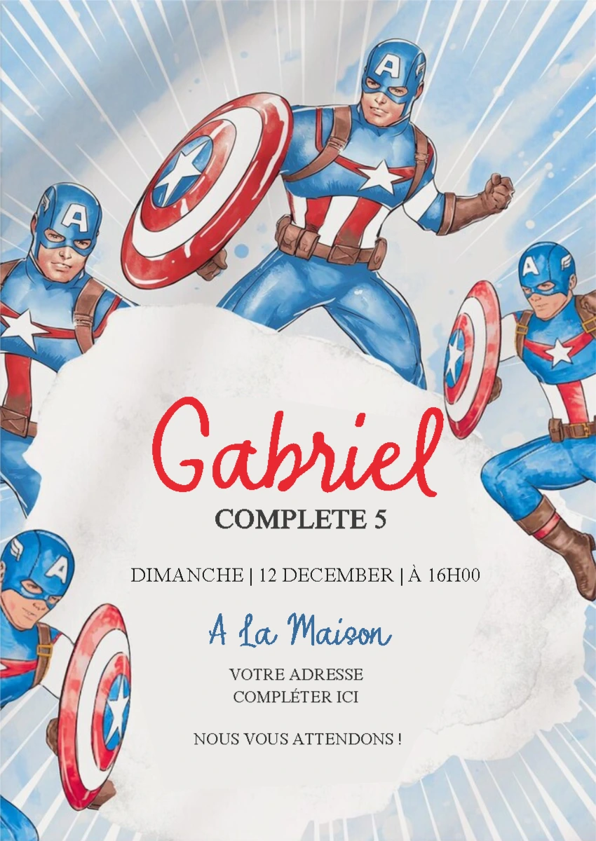 Invitation Anniversaire Captain America à Modifier en Ligne