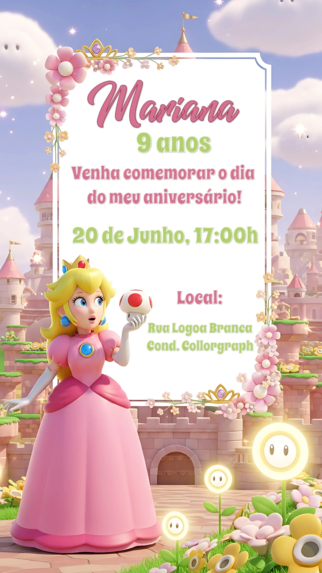 Convite Aniversário Princesa Peach para Editar Online