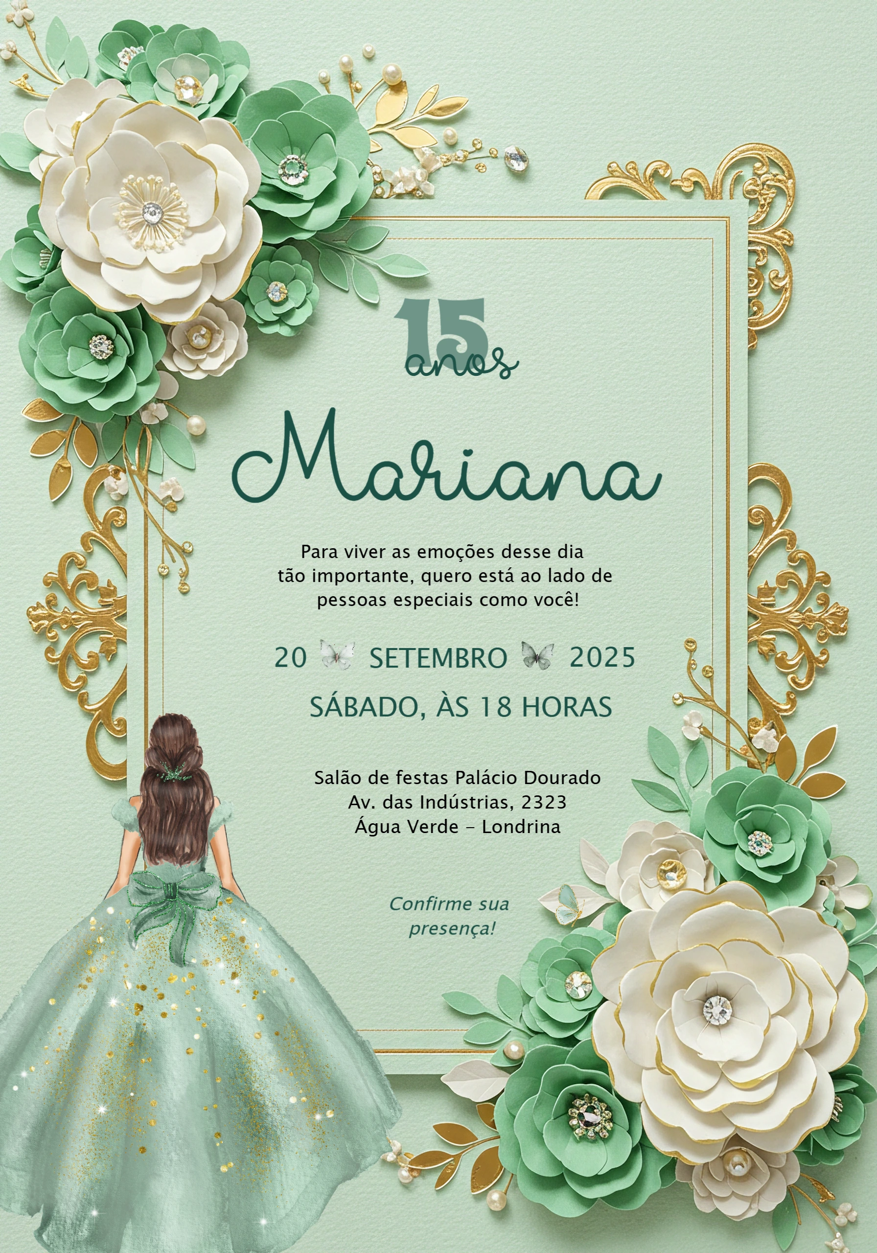 Convite 15 Anos Verde Menta e Rosa Floral Elegante para Editar