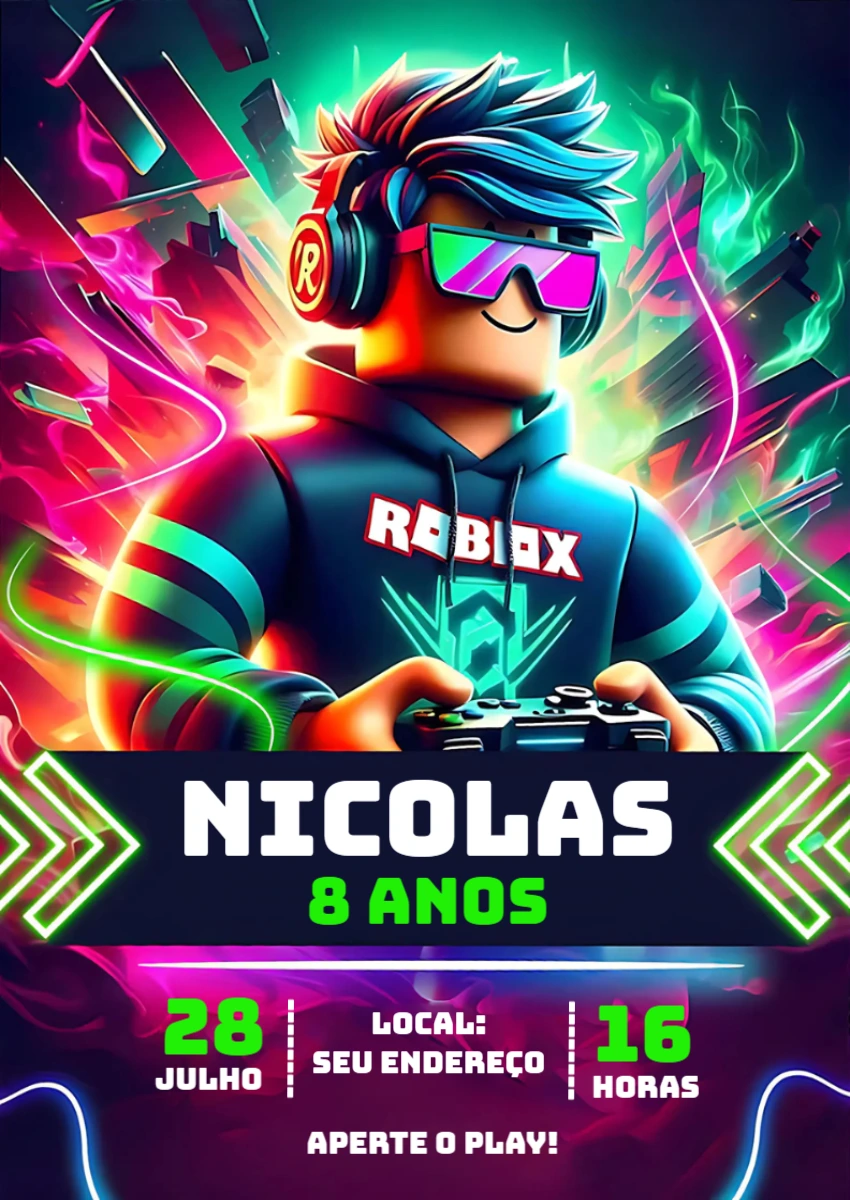 Convite Aniversário Roblox Gamer para Editar e Enviar Online