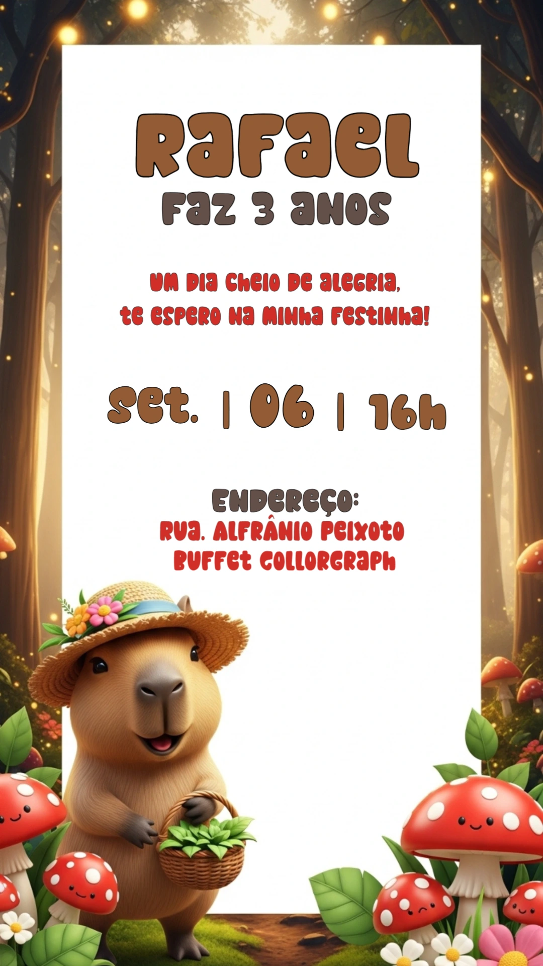 Convite de Aniversário Capivara Fofa para Editar Online