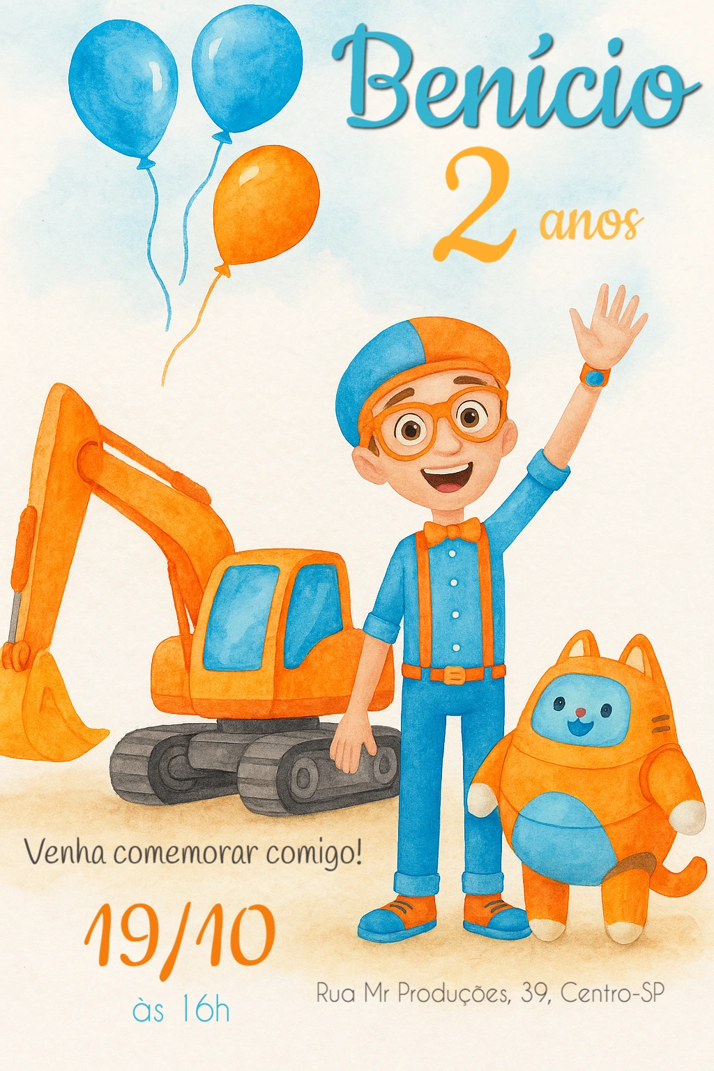 Convite Aniversário Blippi com Trator para Editar Online