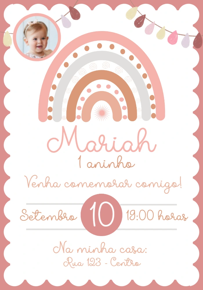 Convite Aniversário Arco Íris Boho com Foto para Editar Online
