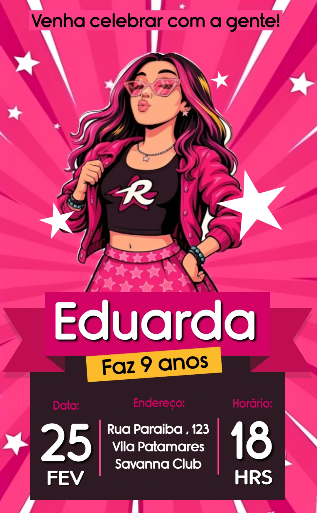 Convite de Aniversário Emily Vick Rosa e Preto Editável