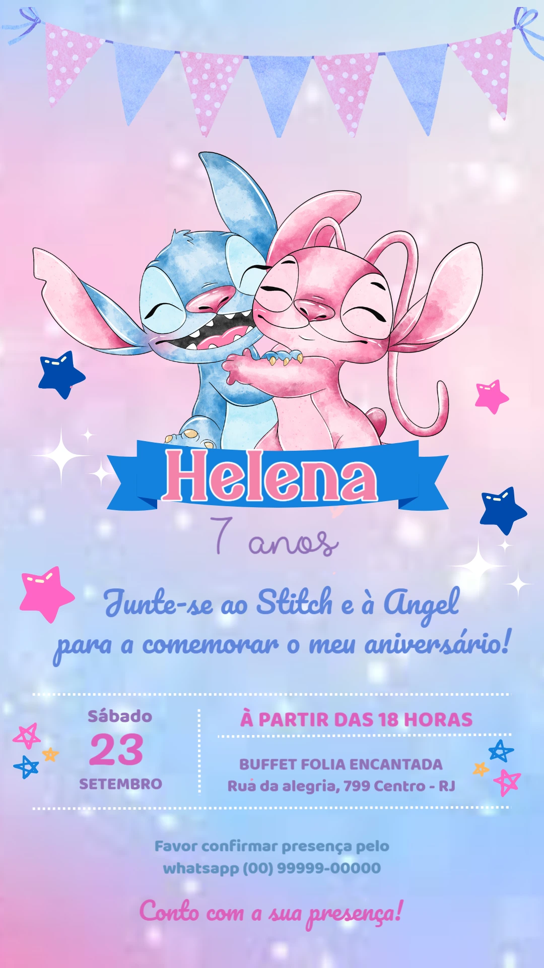 Convite Aniversário Stitch e Angel Fofo para Editar Online